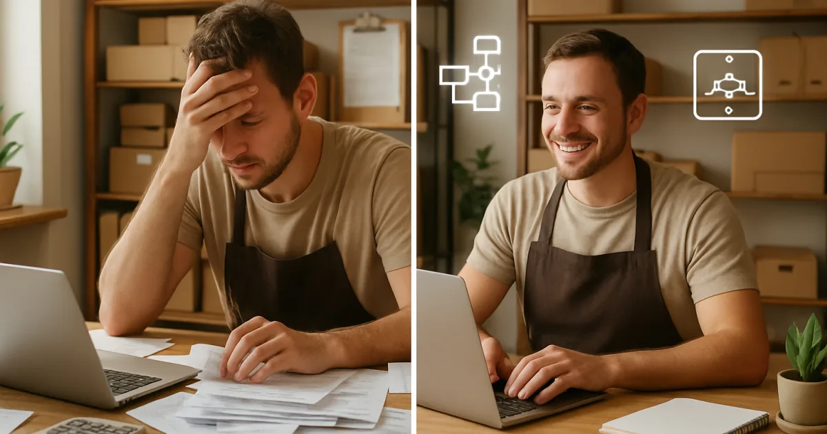 Small business owner at desk surrounded by paperwork while using laptop with AI automation dashboard displayed on screen