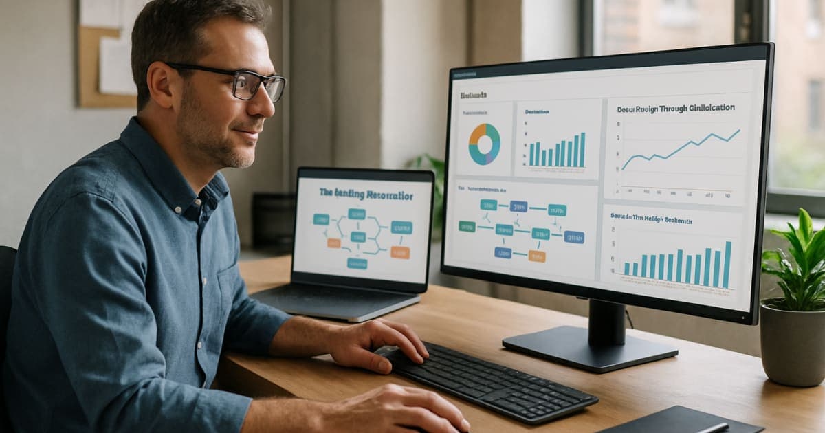 Small business owner using laptop with marketing automation dashboard displaying email campaigns and analytics charts