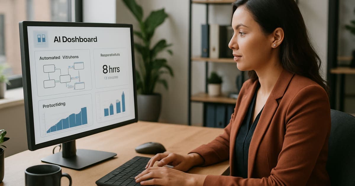 Business professionals collaborating around a computer displaying AI dashboard analytics and automation tools