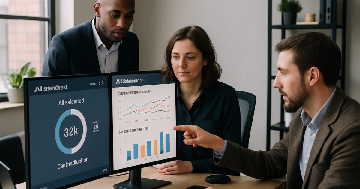 Business professionals analyzing AI training cost reduction charts on laptops and digital displays in modern office