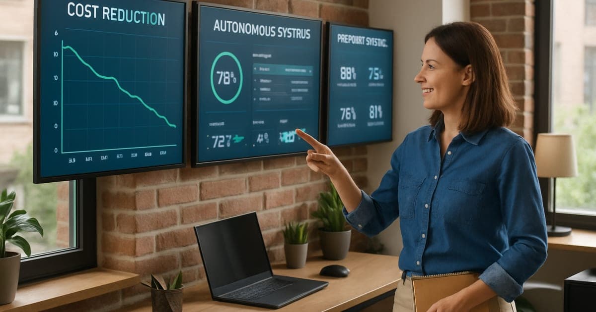 Small business owner using tablet to control automated systems in modern office with robotic equipment