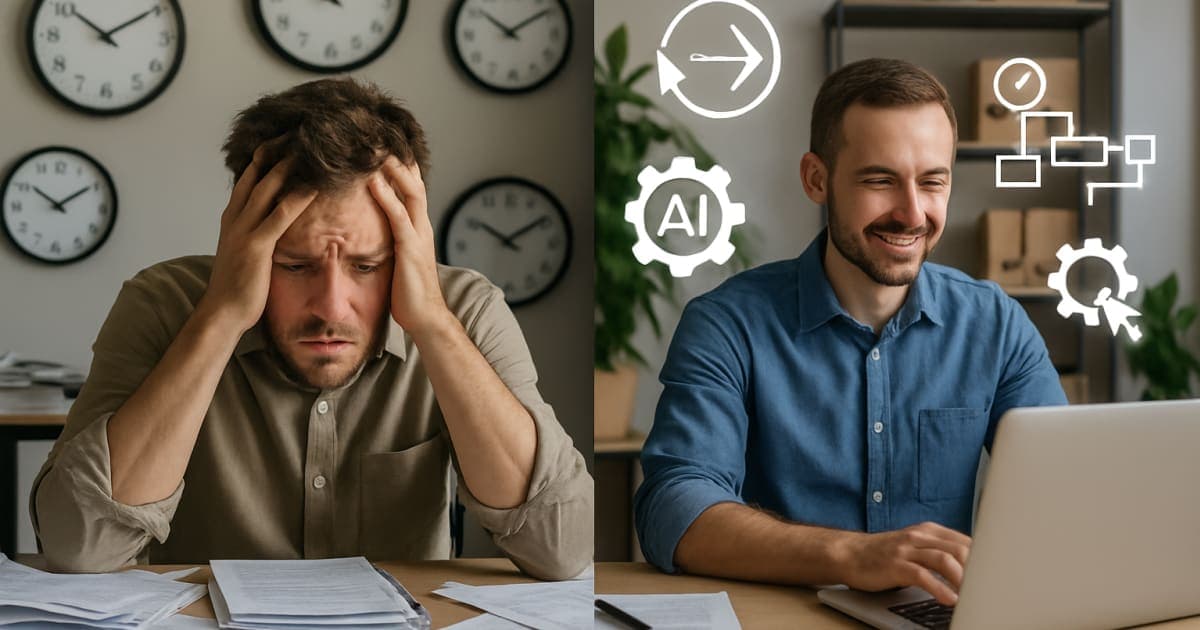 Small business owner at desk using laptop with AI automation dashboard, clock showing saved time, organized workspace