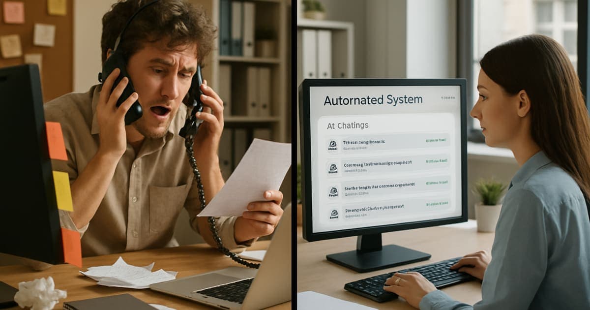 Professional businesswoman using laptop with chatbot interface while clock shows time savings from automated customer service