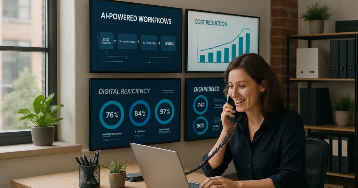 Small business owner using laptop with AI dashboard displaying cost reduction analytics and automation workflows