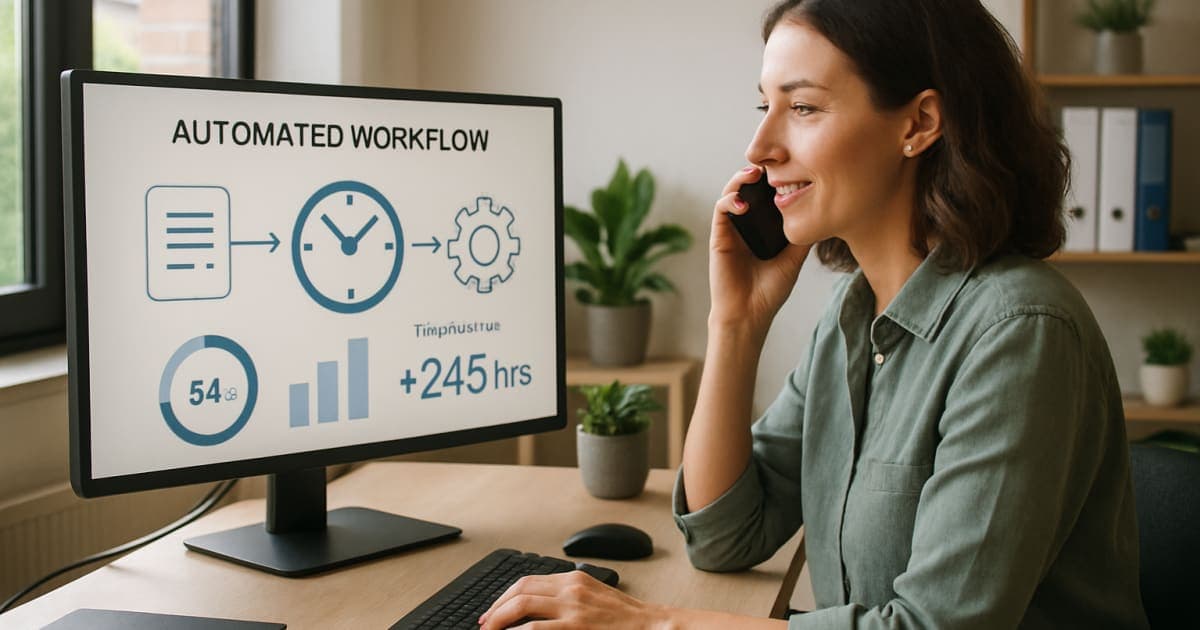 Businessman analyzing workflow charts on computer screen while robotic arms handle paperwork in modern office