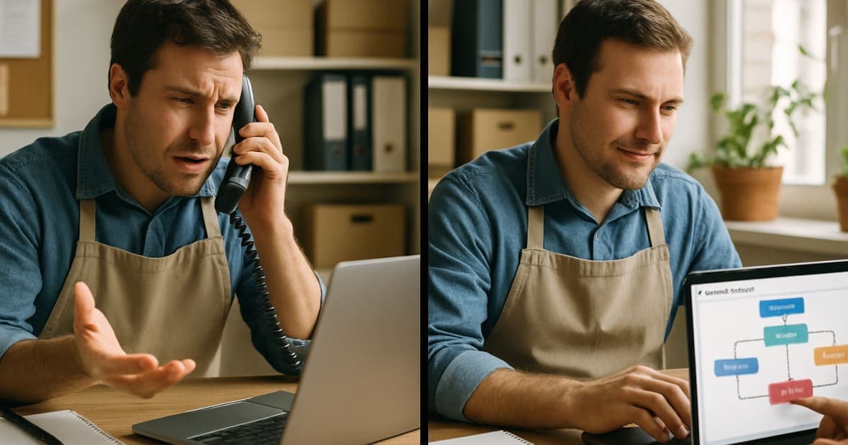 Small business owner using laptop with chat automation interface while customer service messages appear on screen