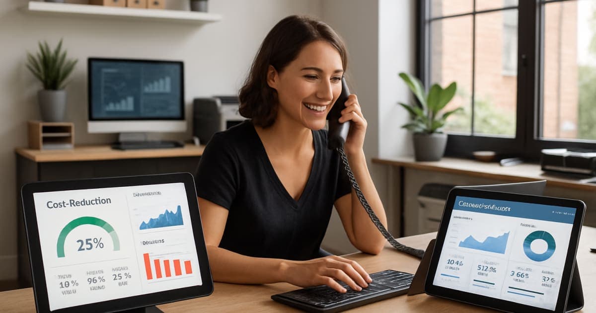 Small business owner analyzing charts and graphs on laptop while reviewing financial documents at modern office desk