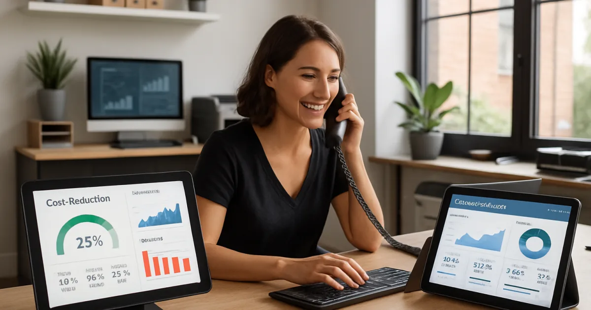 Small business owner analyzing charts and graphs on laptop while reviewing financial documents at modern office desk