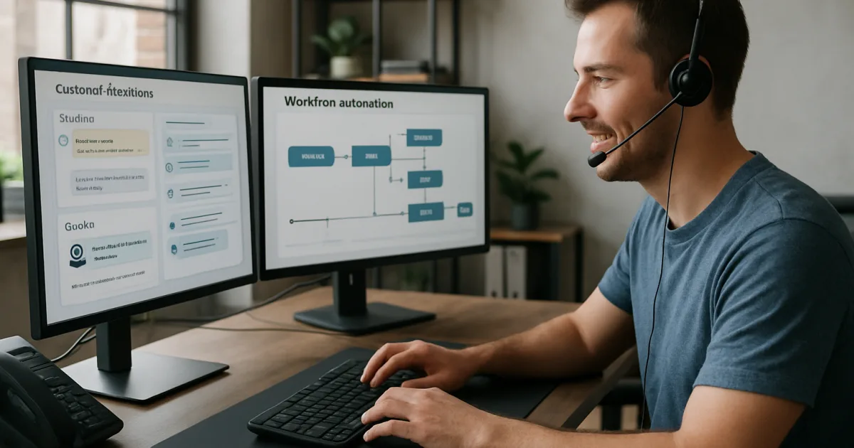 Customer service representative using automated dashboard with digital workflow charts and efficiency metrics displayed on multiple monitors