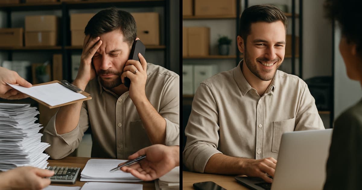 Business professional using AI dashboard on laptop showing workflow automation charts and productivity metrics