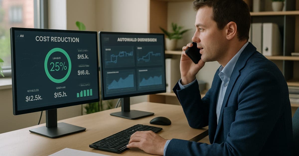 Business professionals analyzing cost reduction data on digital screens with AI automation icons and graphs showing 40% savings