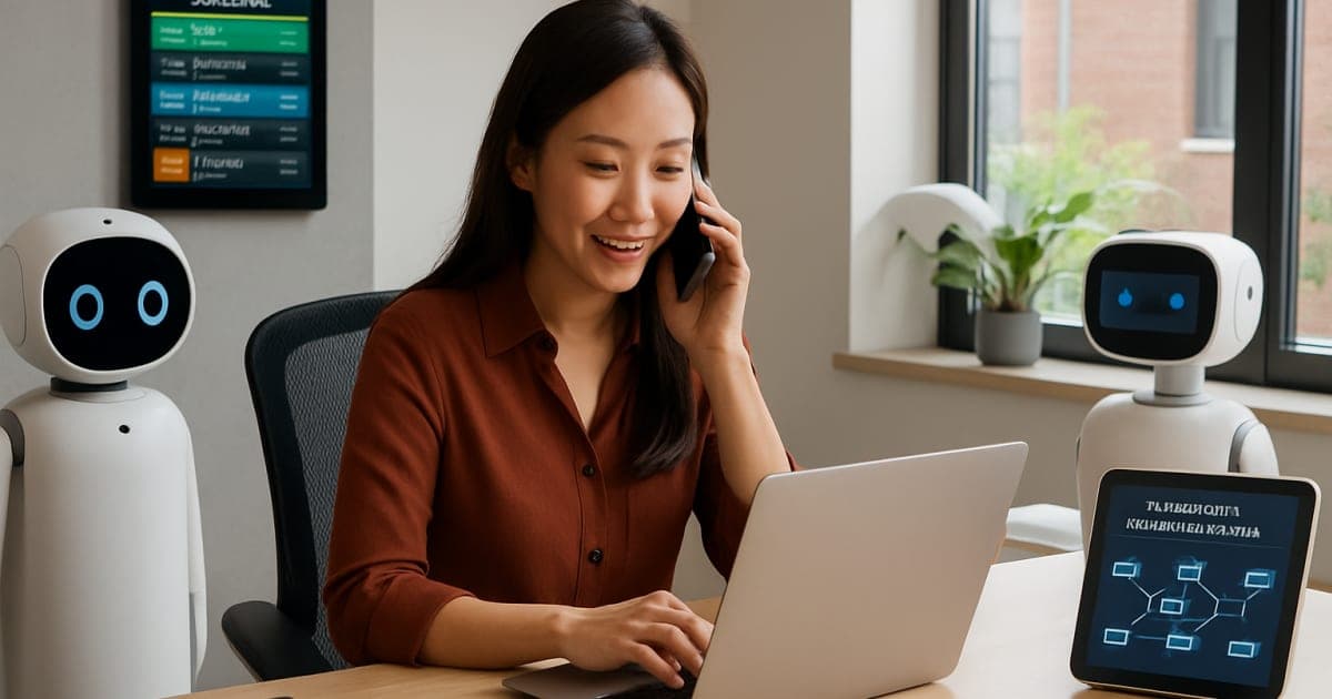 Small business owner using tablet with automation dashboard while robotic systems work in modern office