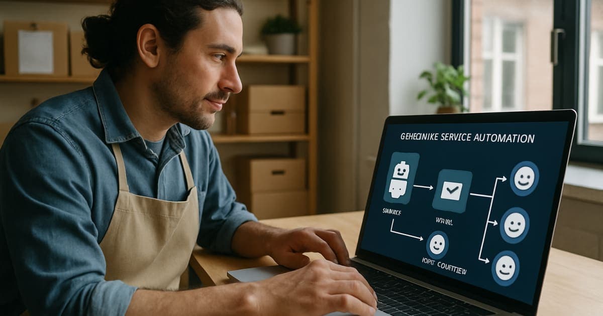 Small business owner using laptop with automated chat bubbles and customer service icons floating above screen
