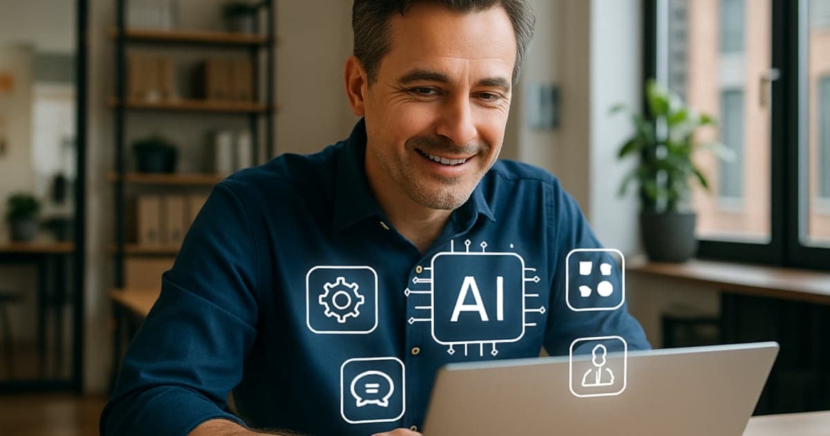 Small business owner using laptop with AI dashboard interface, showcasing user-friendly automation tools