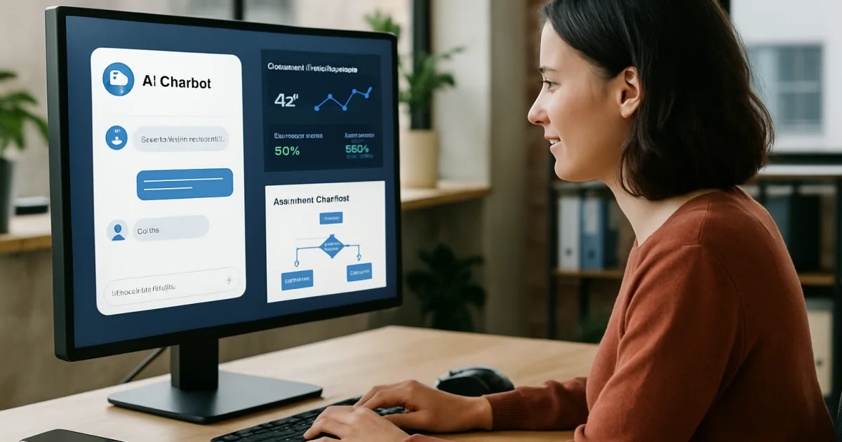 Professional customer service representative at computer with chatbot interface and automated support dashboard visible on multiple screens