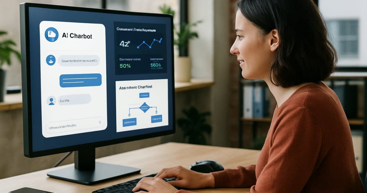 Professional customer service representative at computer with chatbot interface and automated support dashboard visible on multiple screens