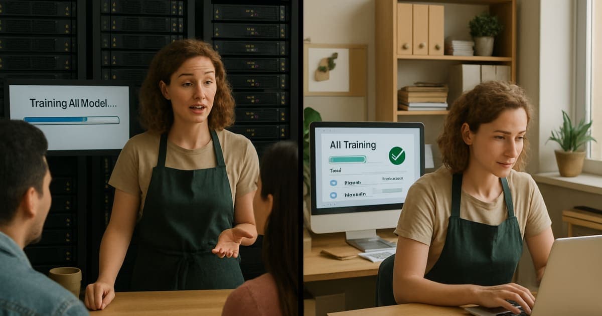Data scientist analyzing accelerated AI model training graphs on multiple monitors showing 70% time reduction