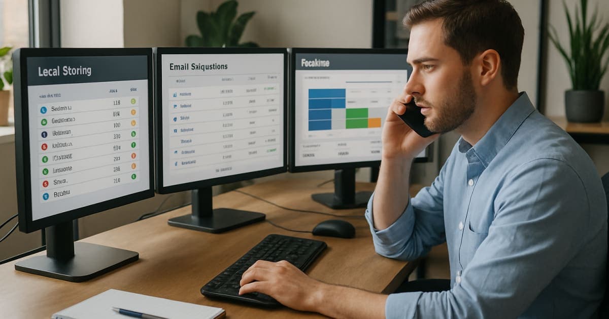 Professional salesperson using automated CRM software on laptop with sales charts and productivity metrics displayed on screen