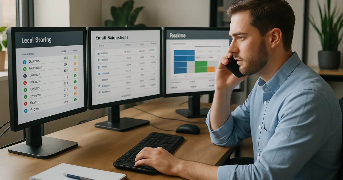 Professional salesperson using automated CRM software on laptop with sales charts and productivity metrics displayed on screen