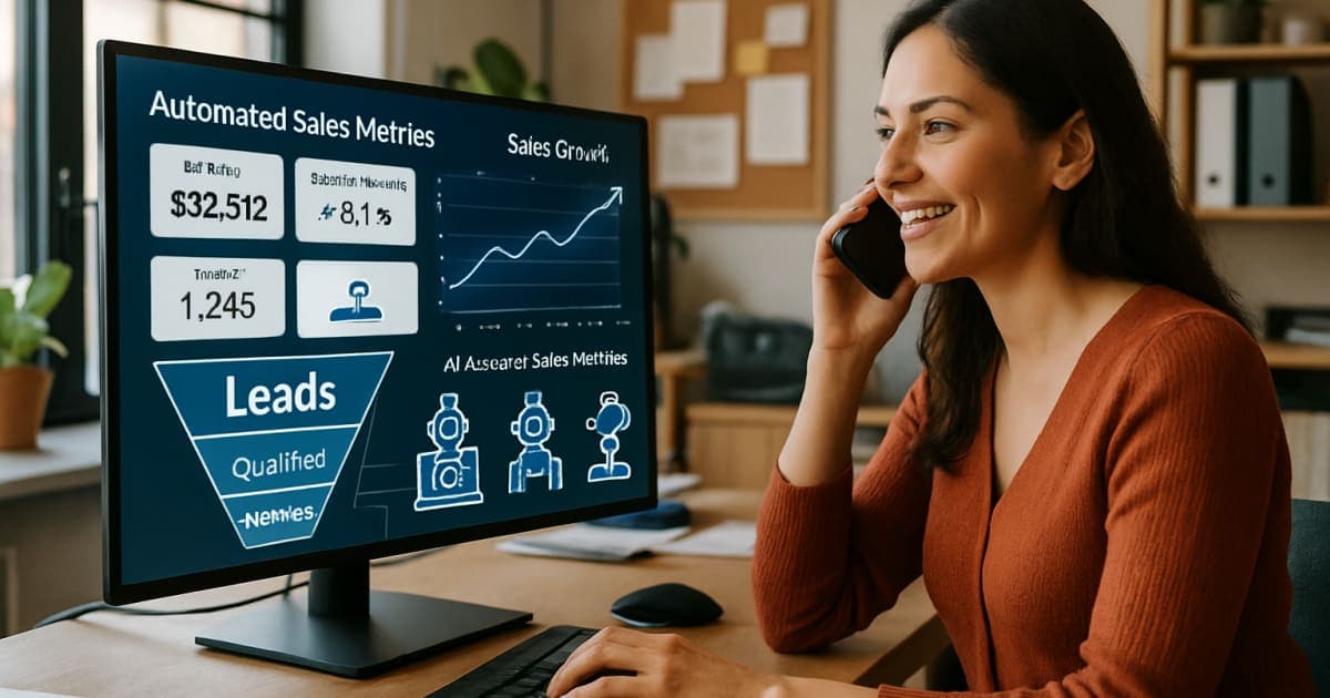 Business professional analyzing automated sales dashboard on laptop with upward trending revenue graphs