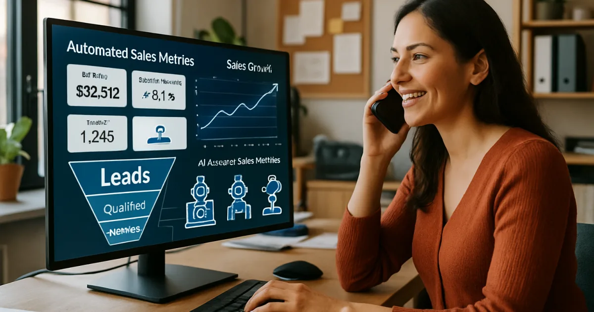Business professional analyzing automated sales dashboard on laptop with upward trending revenue graphs