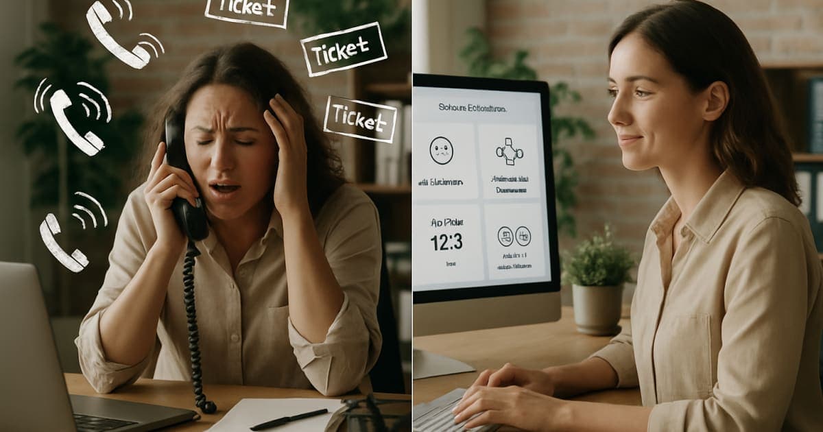 Professional businesswoman at computer monitoring automated customer service dashboard with chat analytics and time-saving metrics displayed on screen