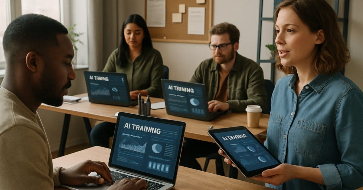 Small business team collaborating around laptop displaying AI training dashboard in modern office setting
