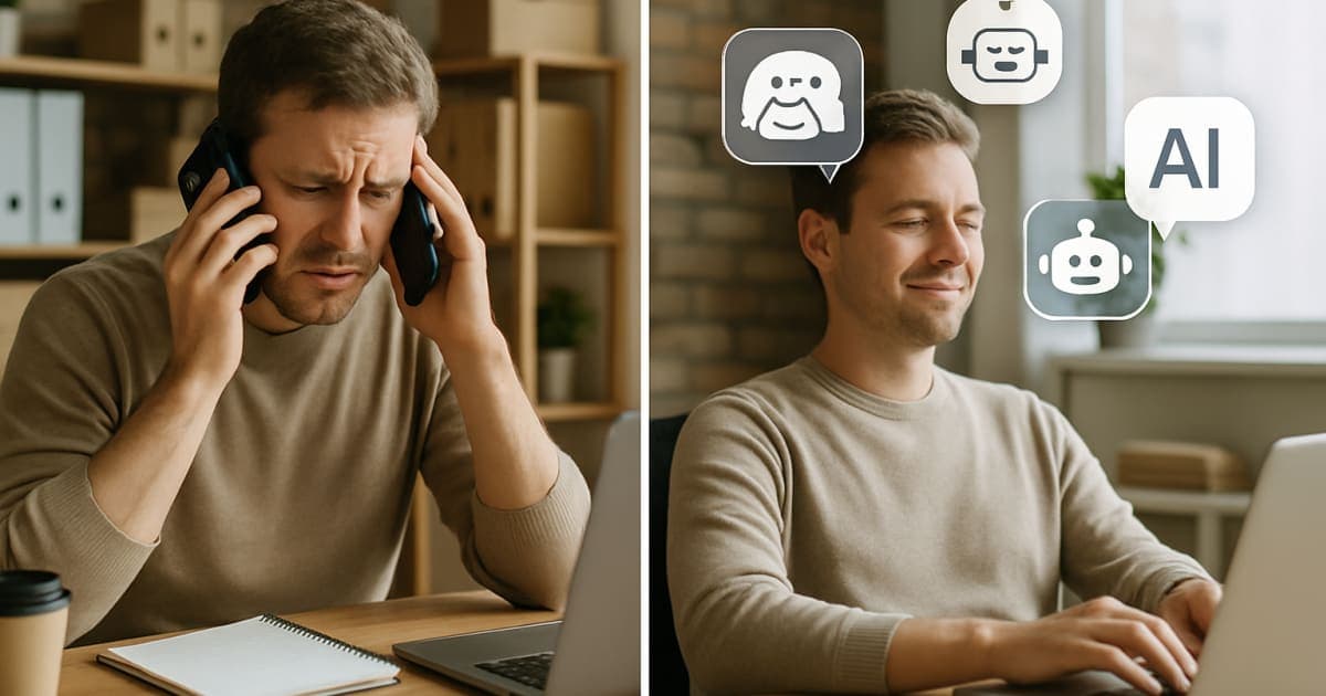 Small business owner using laptop with chatbot interface while customer service automation icons float above screen