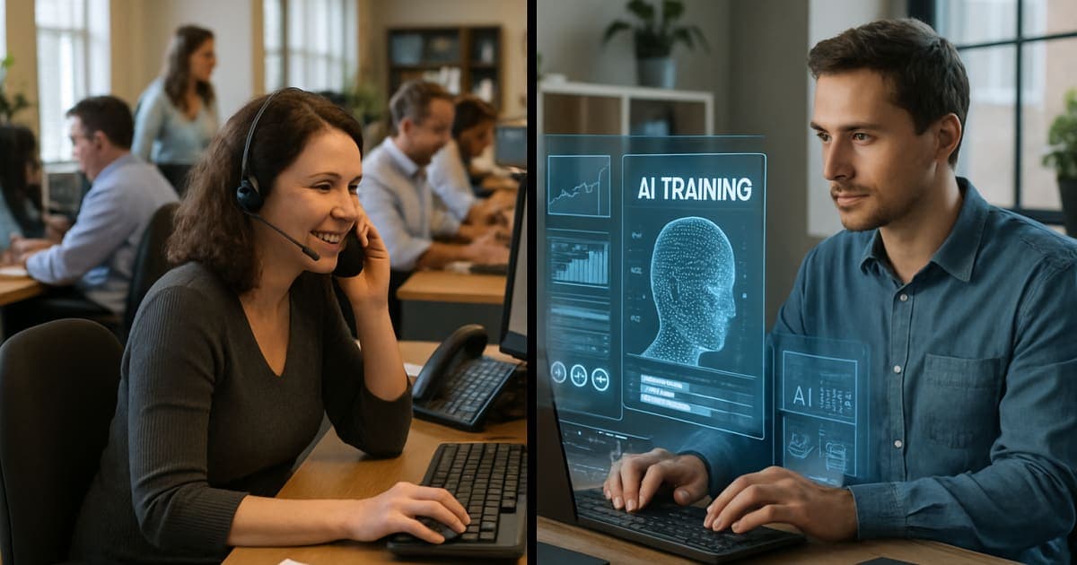 Business professionals collaborating around laptops displaying AI training dashboards and growth analytics charts