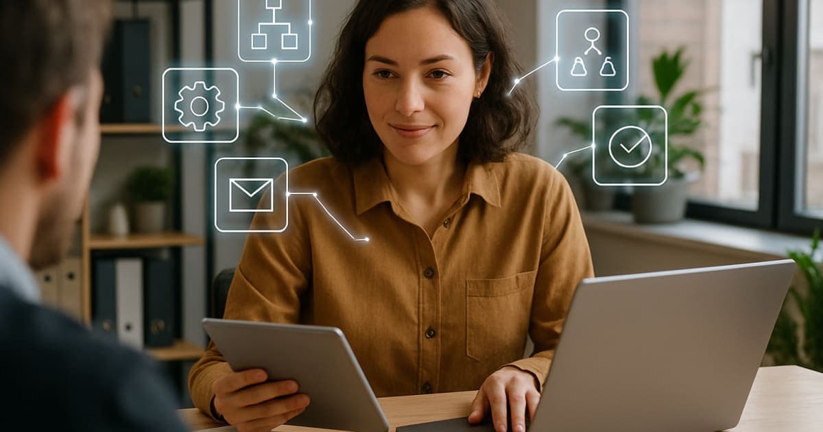 Small business team collaborating around a laptop displaying automated workflow diagrams and digital tools
