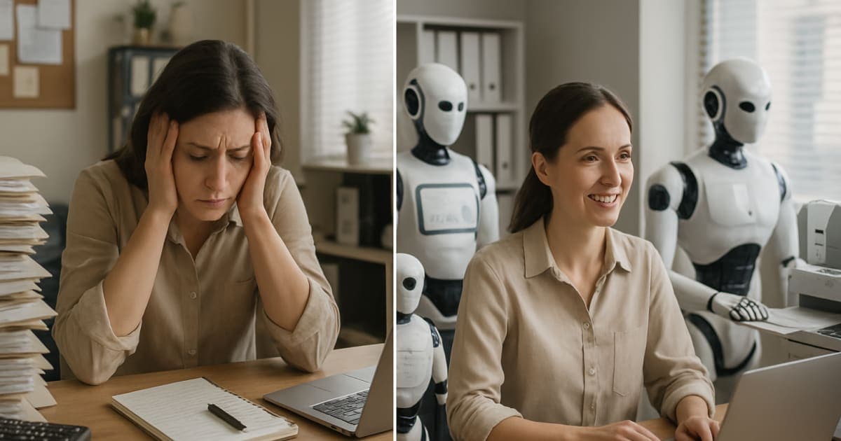 Business professional reviewing automated workflow dashboards on multiple screens showing AI-powered task management