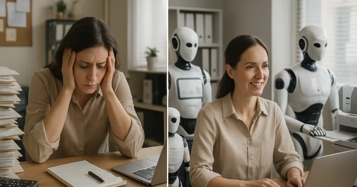 Business professional reviewing automated workflow dashboards on multiple screens showing AI-powered task management