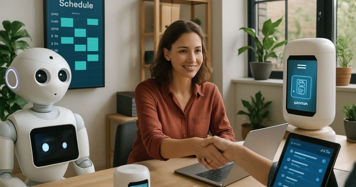 Small business owner using laptop with automated workflow icons and efficiency graphs displayed on screen