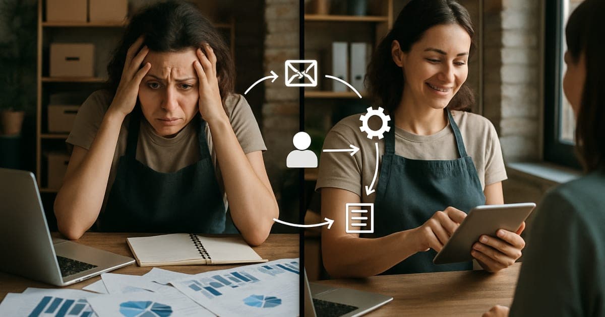 Small business owner using laptop with automation dashboard, freeing up time from repetitive marketing tasks