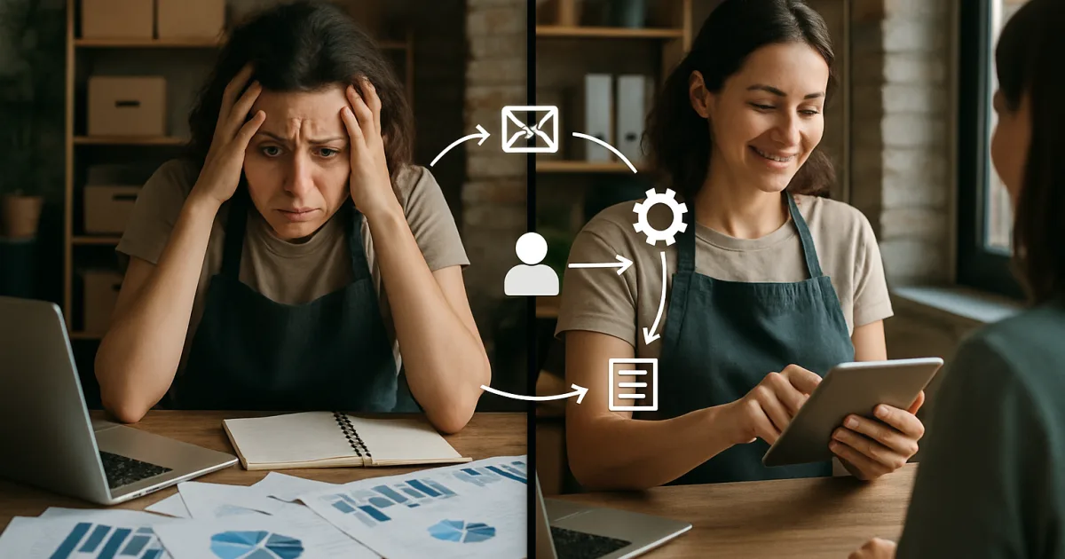 Small business owner using laptop with automation dashboard, freeing up time from repetitive marketing tasks