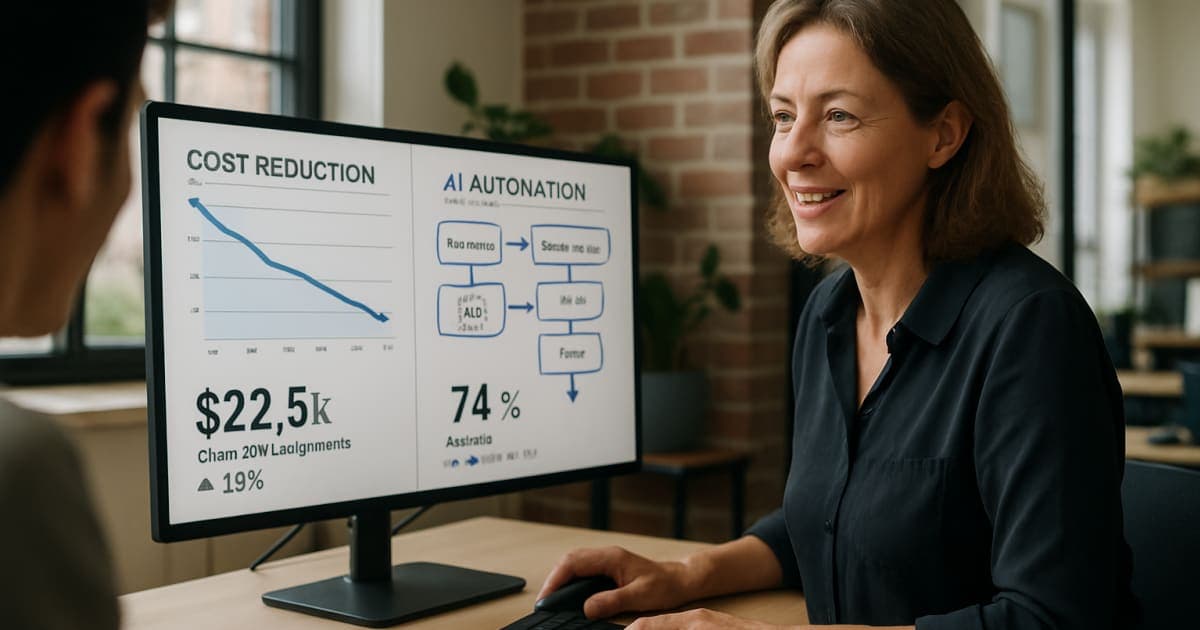 Business professionals analyzing cost reduction charts with AI automation icons and ROI graphs on laptops