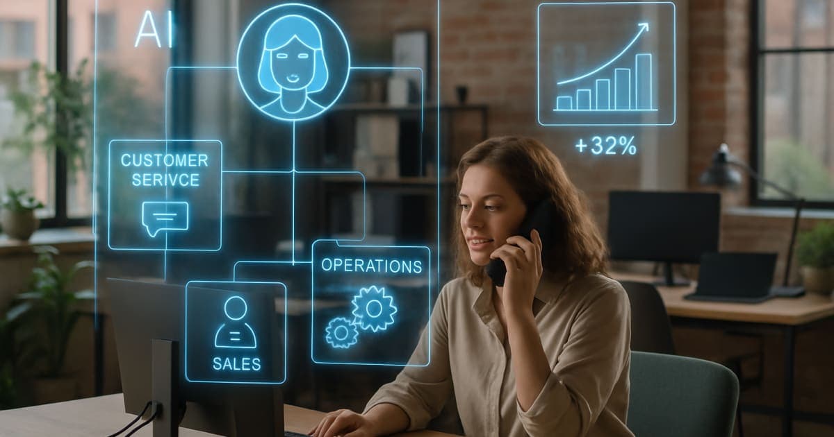 Professional businesswoman at laptop reviewing AI automation dashboard showing workflow optimization and productivity metrics
