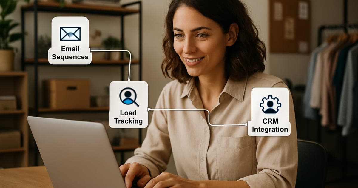 Small business owner using laptop with automated sales dashboard displaying customer data and workflow charts