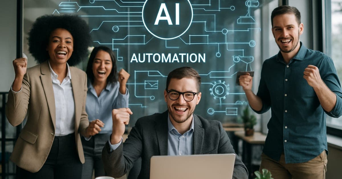 Business professional using laptop with AI automation interface displaying workflow charts and productivity metrics on screen