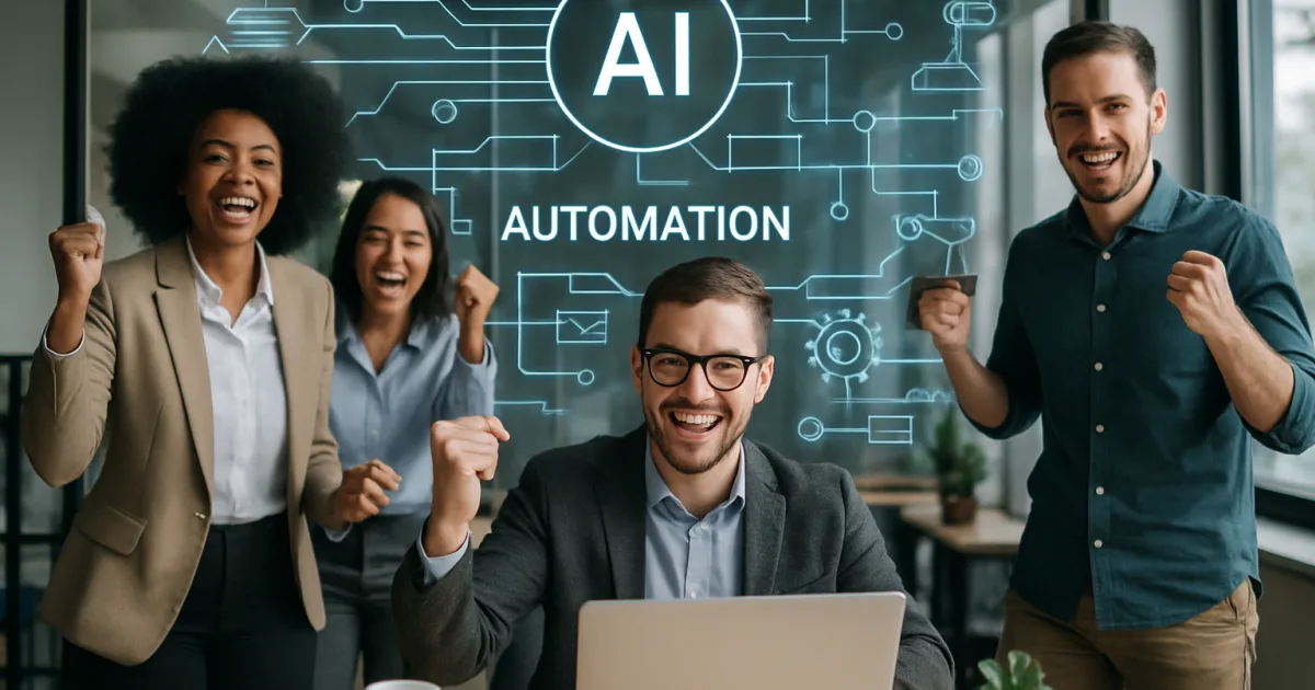 Business professional using laptop with AI automation interface displaying workflow charts and productivity metrics on screen