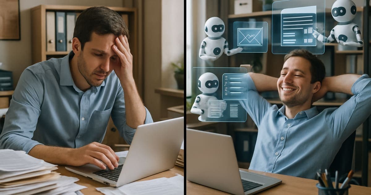 Professional businesswoman at modern desk using laptop with AI automation dashboard, digital charts and robotic icons floating above screen