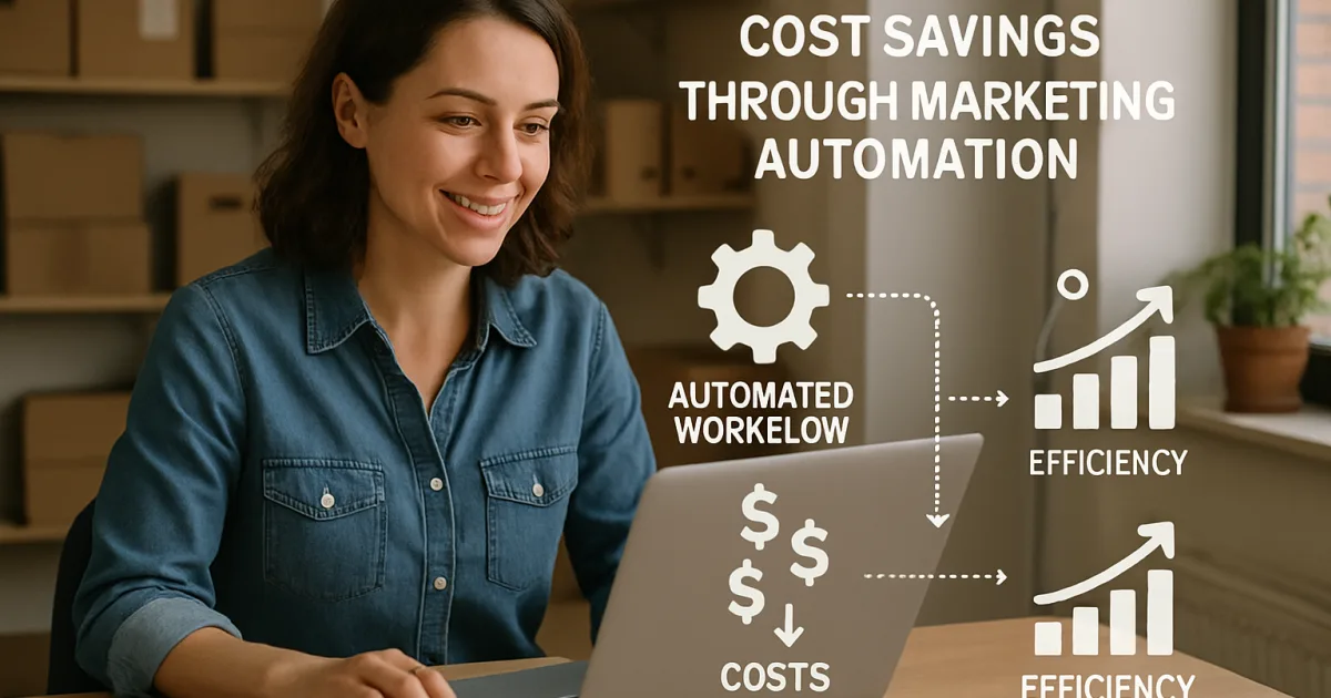 Small business owner at laptop analyzing automated marketing dashboard with cost reduction graphs and efficiency metrics