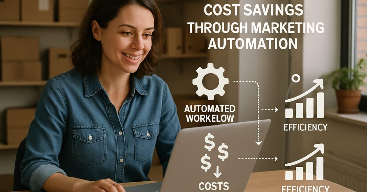 Small business owner at laptop analyzing automated marketing dashboard with cost reduction graphs and efficiency metrics
