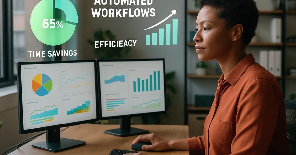 Professional businesswoman using automation dashboard on laptop with clock and productivity charts visible on screen