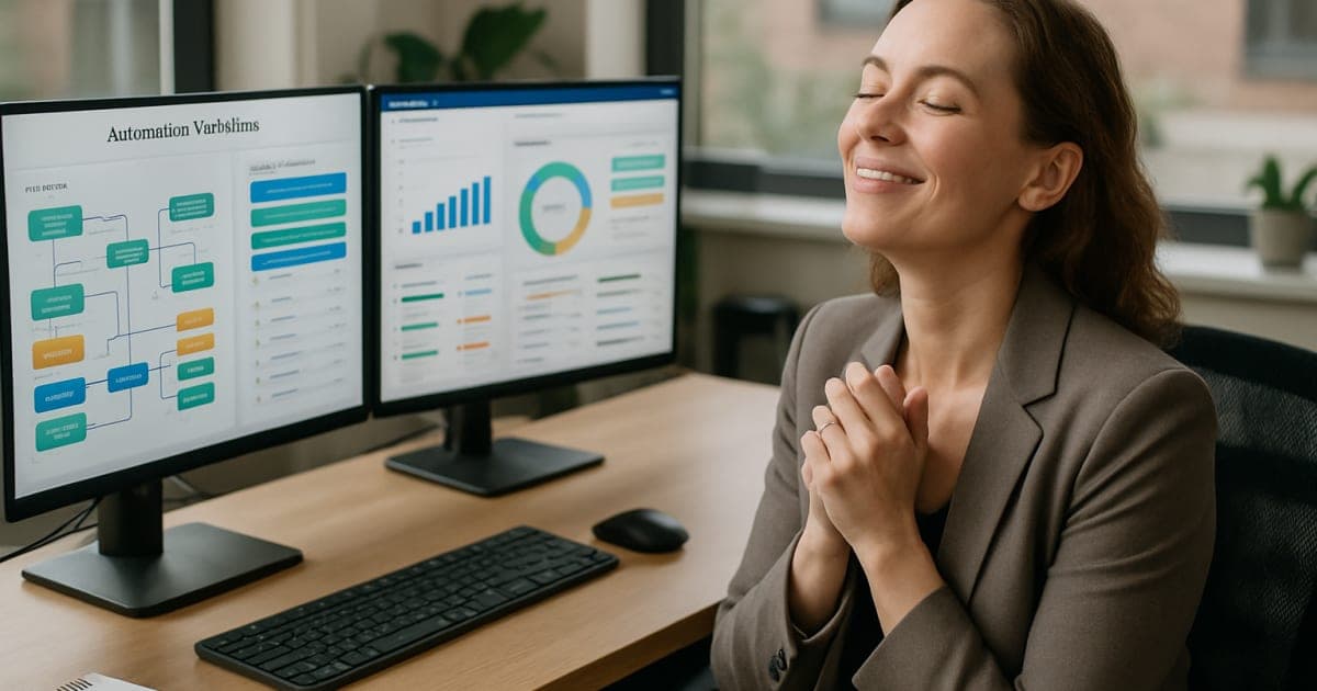 Stressed business team at desk surrounded by paperwork transforms into efficient automated workflow system