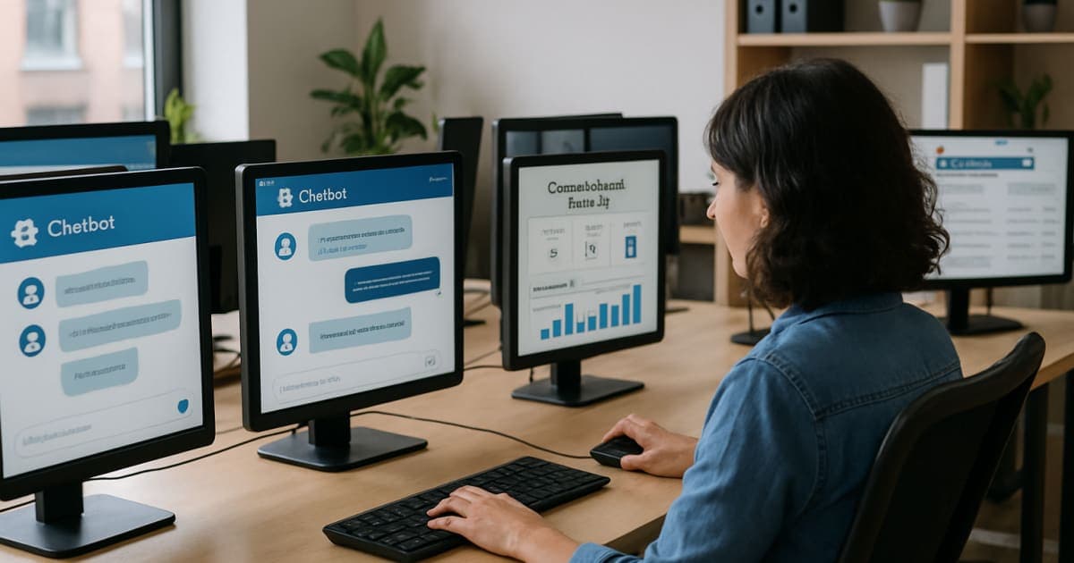 Professional customer service representative at computer workstation with chat automation interface and growth charts displayed on multiple monitors