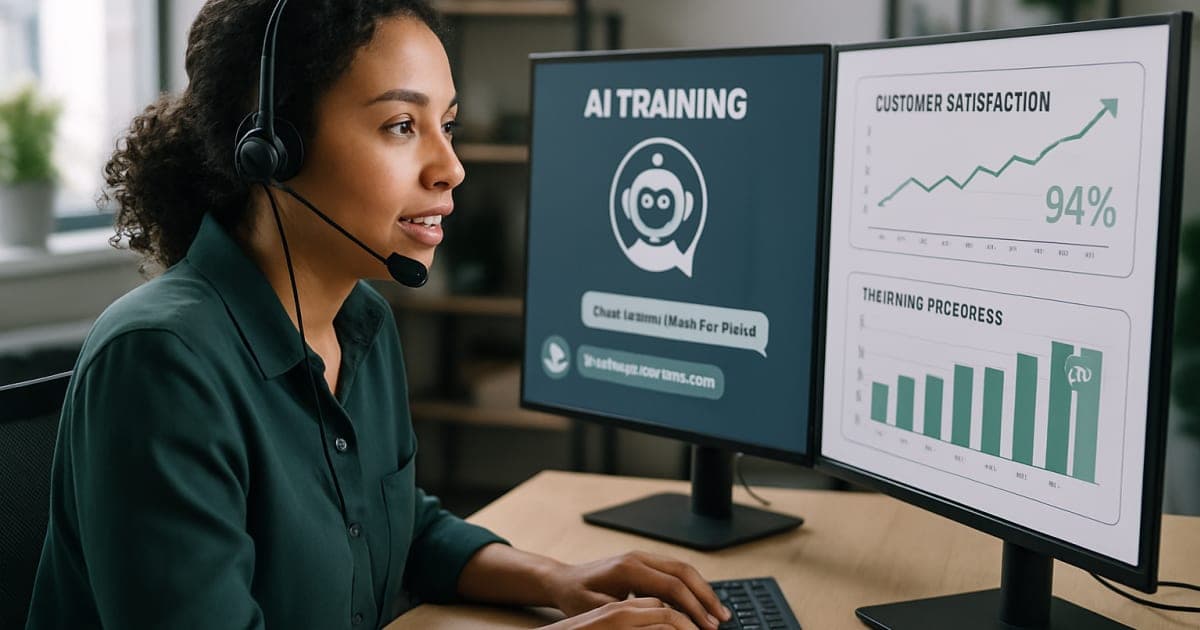 Customer service representative using AI-powered headset while assisting clients at modern office workstation