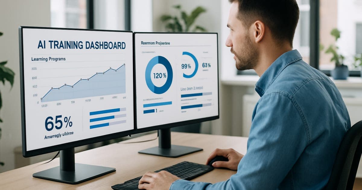 A business team gathered around a laptop reviewing AI-powered training dashboards in a modern office
