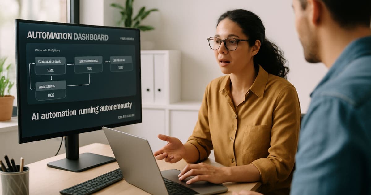 Business professional activating a ready-made AI dashboard on a sleek touchscreen interface in a modern office