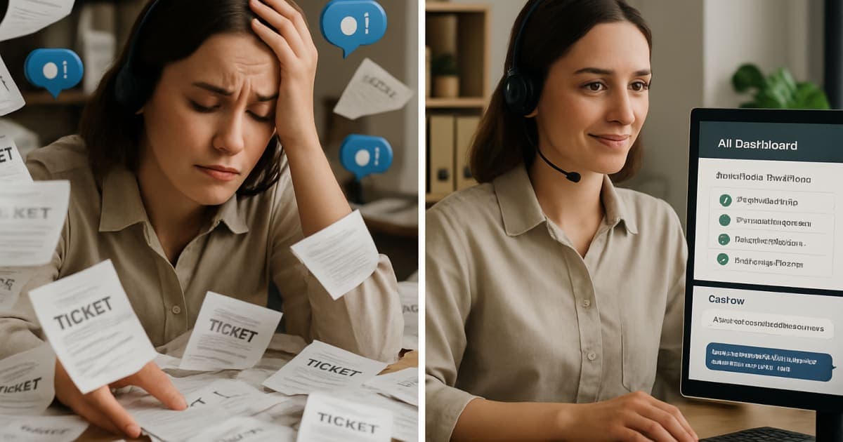 A customer service agent reviewing automated chat workflows on dual monitors in a modern office